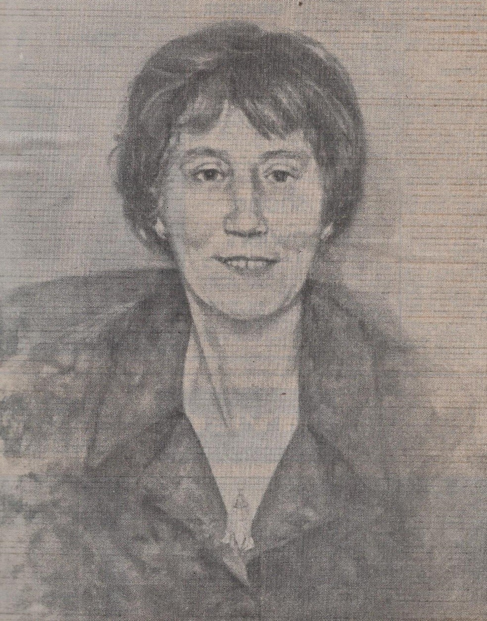 A pencil sketch of Amy Huxtable, face on.