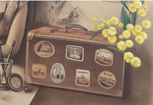 A brown suitcase with travel pictures on the side